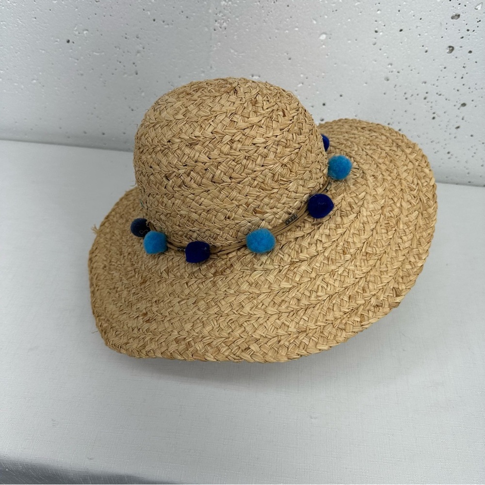 Pool to Party by Subtle Luxury Wide Brim Straw Floppy Sun Hat with Blue Pom Poms